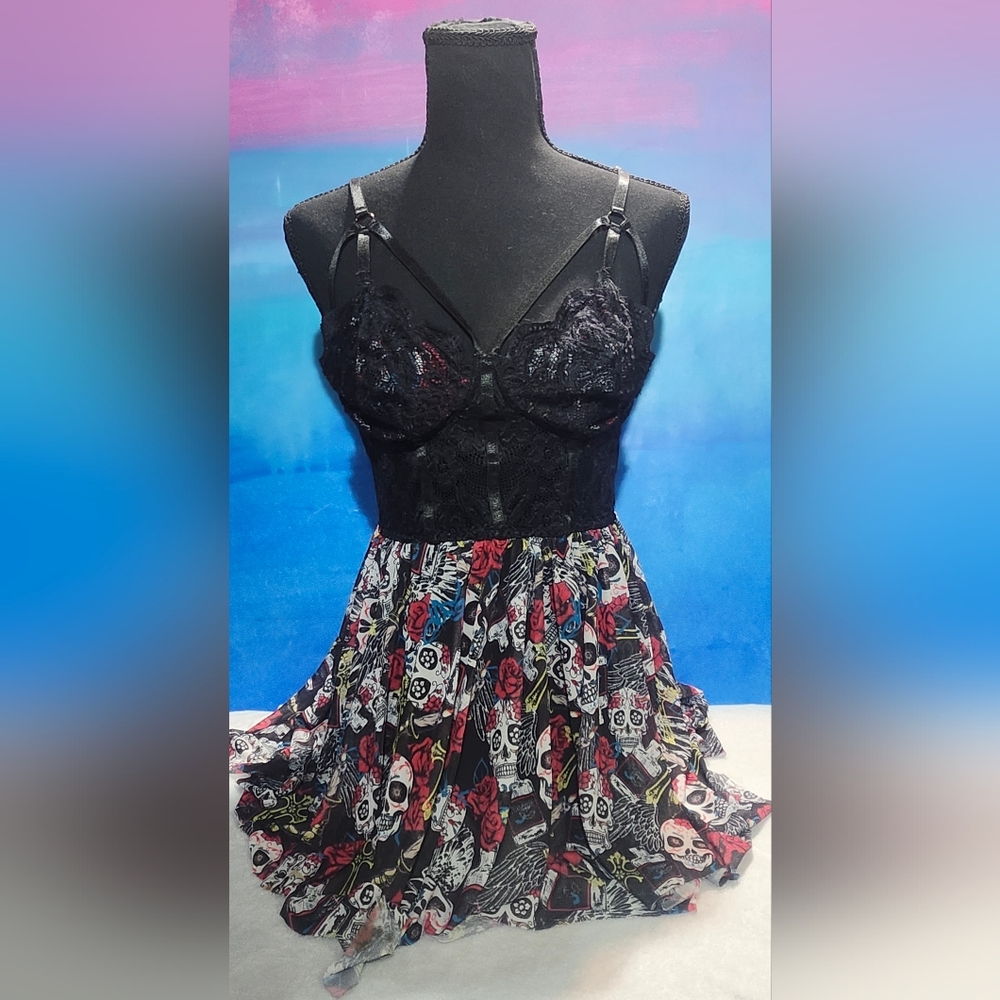 Avidlove Skull and Flower Black Lace Lingerie Size 14W